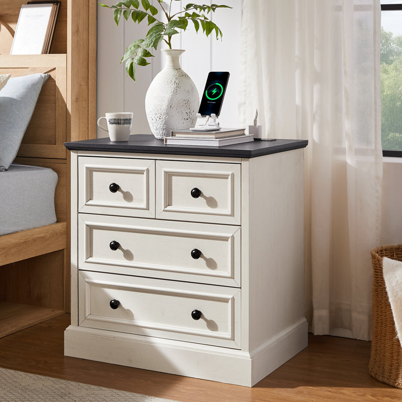 Table de chevet 26 po avec 4 grands tiroirs, table de bout large avec station de charge, Blanc/Noir