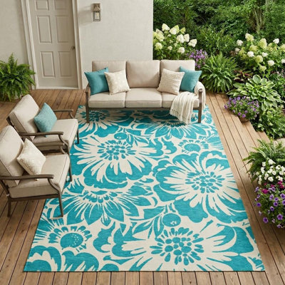 Tapis extérieur lavable antidérapant 8 pi x 10 pi bleu sarcelle et ivoire