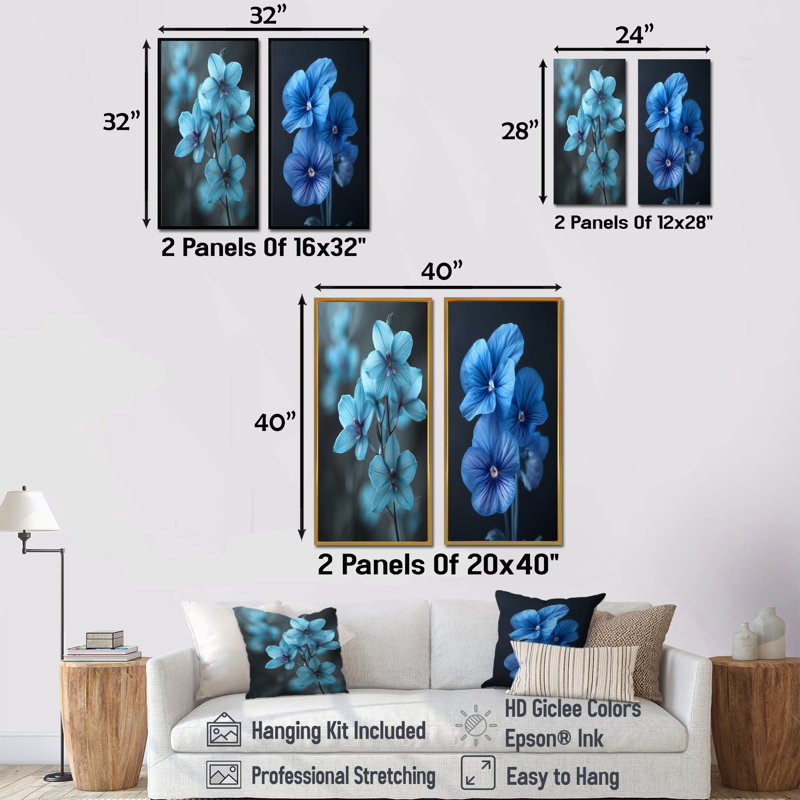 Ensemble de 2 pièces d'art mural orchidées bleues, H 32 po x l 32 po, Impression encadrée, Doré