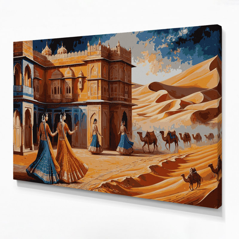 Art urbain sur toile brun avec villes du Rajasthan en Inde, H 20 po x l 30 po