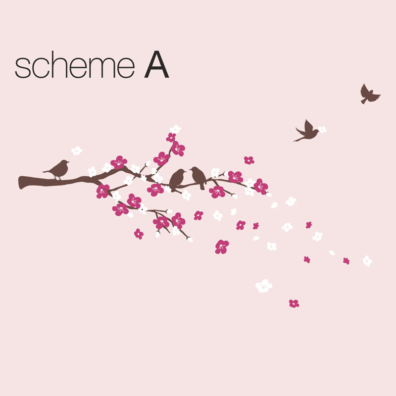 Adhésif décoratif branche de cerisier en fleurs avec oiseaux, Rose clair/blanc
