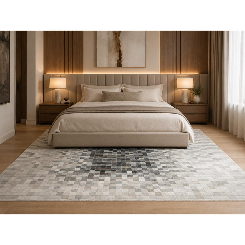 Tapis gris en cuir de vache patchwork gris, tapis en cuir véritable, motif carré moderne, 3 x 5 pi