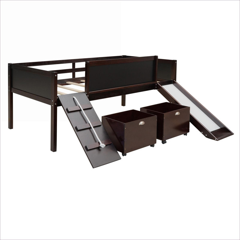 Solid Wood Playful Twin Size Loft Platform Bed with Climbing Frame and Two Rolling Storage Boxes, Brown Finish