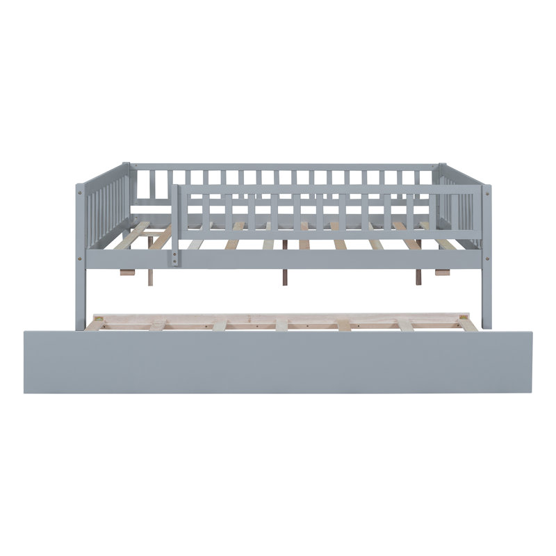 Wood Daybed With Trundle And Fence Guardrails, Gray, Full/Double