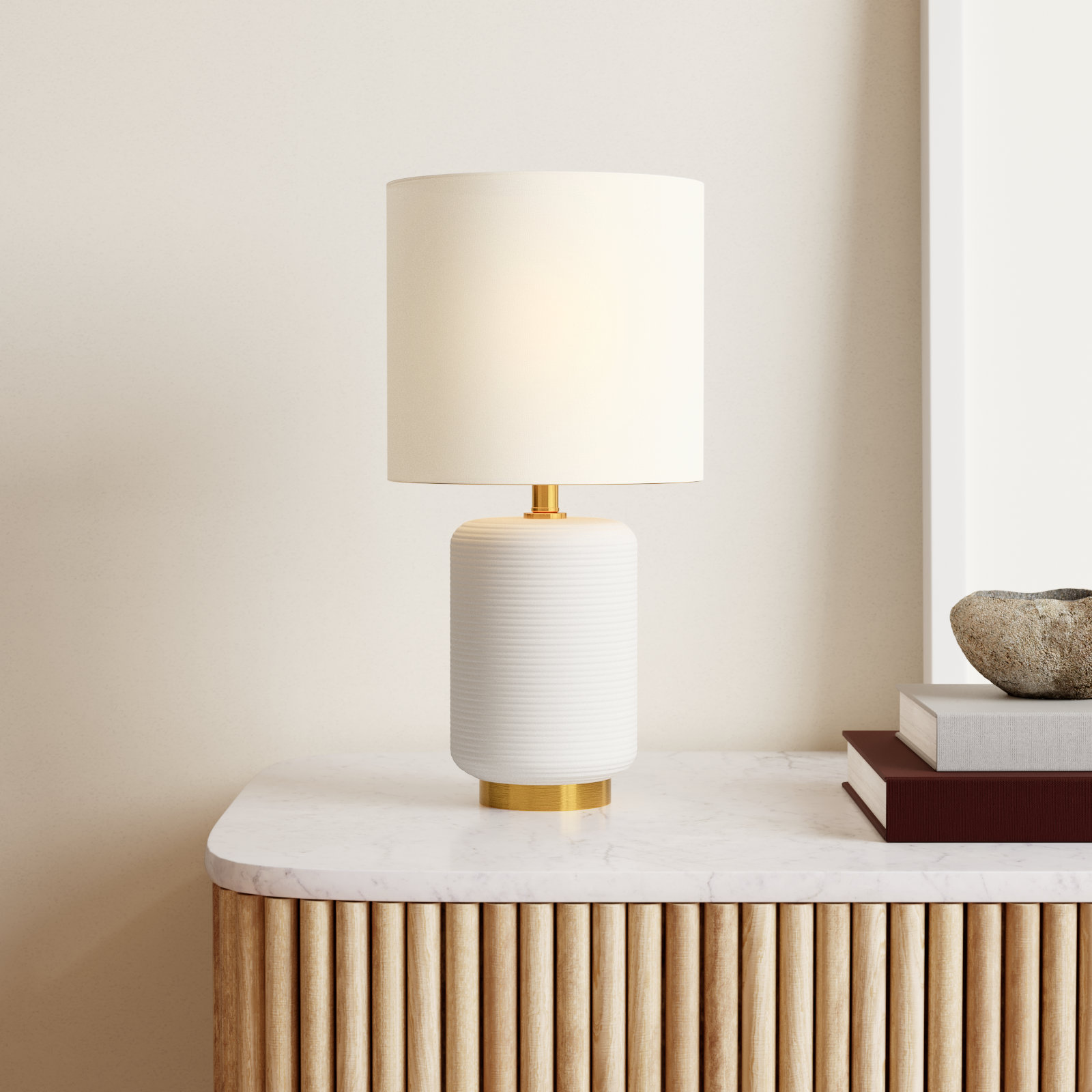Gracie Table Lamp, Matte White/Brushed Brass