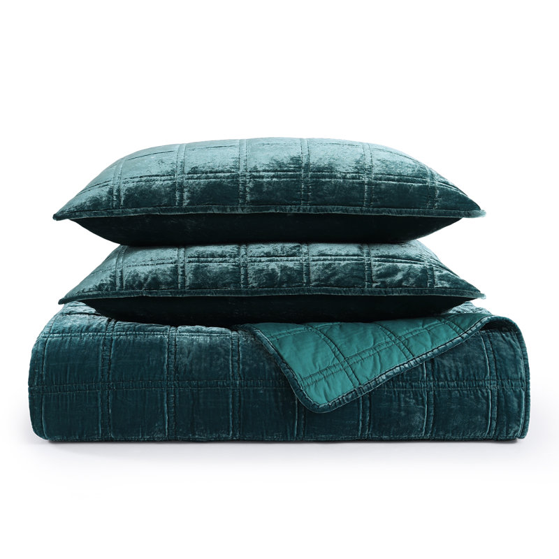 Stella Faux Silk Double Box Stitch Classic Chic Casual Modern Rustic Quilt Set, Queen Quilt + 2 Standard Pillowcases