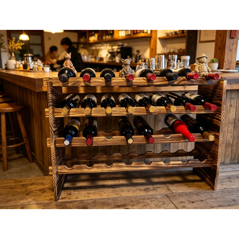 32 Bottle Wine Rack Stackable 4-Tier, Freestanding Carbonized Pine Wood Storage Organizer For Home Bar, Kitchen, Countertop, Modular DIY Design