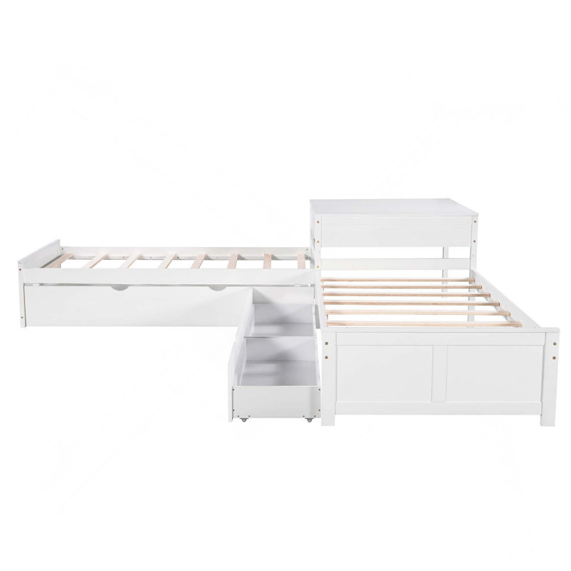 Lit plateforme en L avec lit gigogne, tiroirs et bureau intégré - 3 lits en 1, rangement convertible pour un espace limité