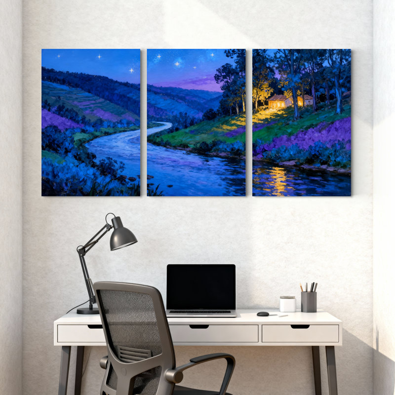 «Abstract Night River Landscape» avec 3 étoiles, art mural sur toile, H 24 po x l 48 po
