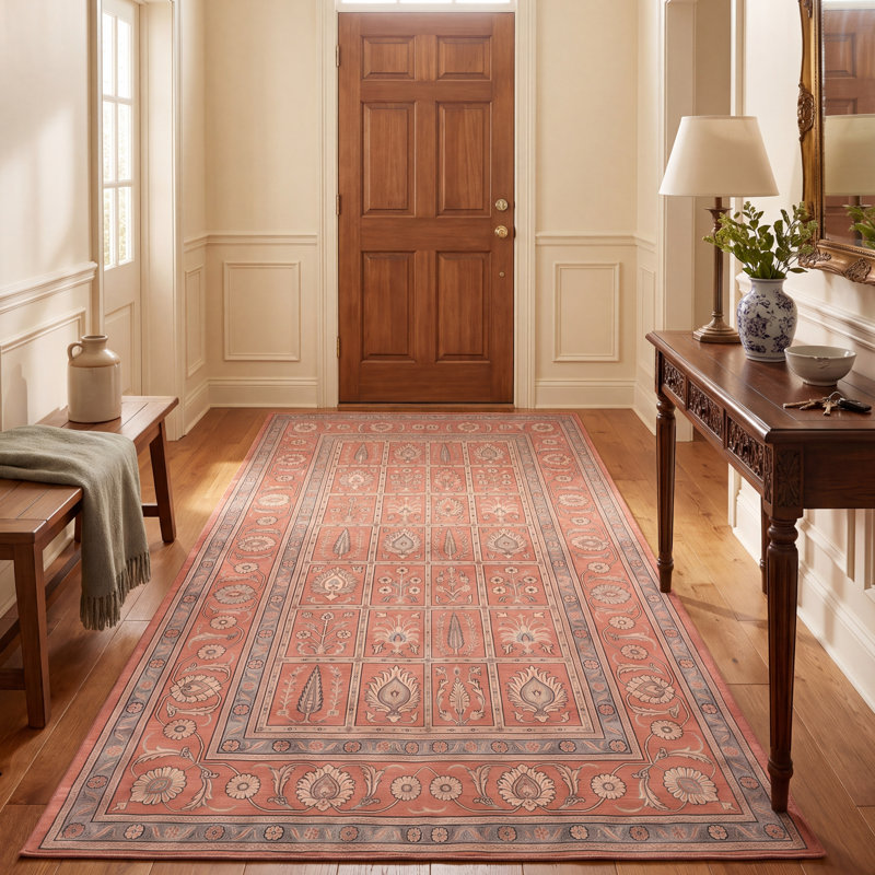 Tapis Kensington traditionnel audacieux de style persan, orange, ivoire, or, vert et gris, lavable en machine, antidérapant, à poils courts, pour l'intérieur et l'extérieur, adapté aux animaux domestiques, idéal pour le salon, la chambre, la salle à manger, l'entrée, le couloir ou le bureau.