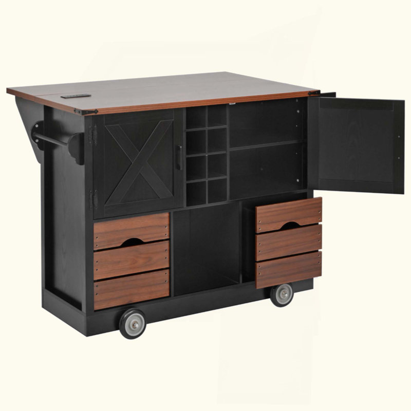 Farmhouse Kitchen Island With Drop Leaf, Power Outlet, Kitchen Storage Cart With 2 Doors, 2 Drawers, Rolling Kitchen Island On 4 Large Wheels With Spice Rack For Kitchen, Dining Room