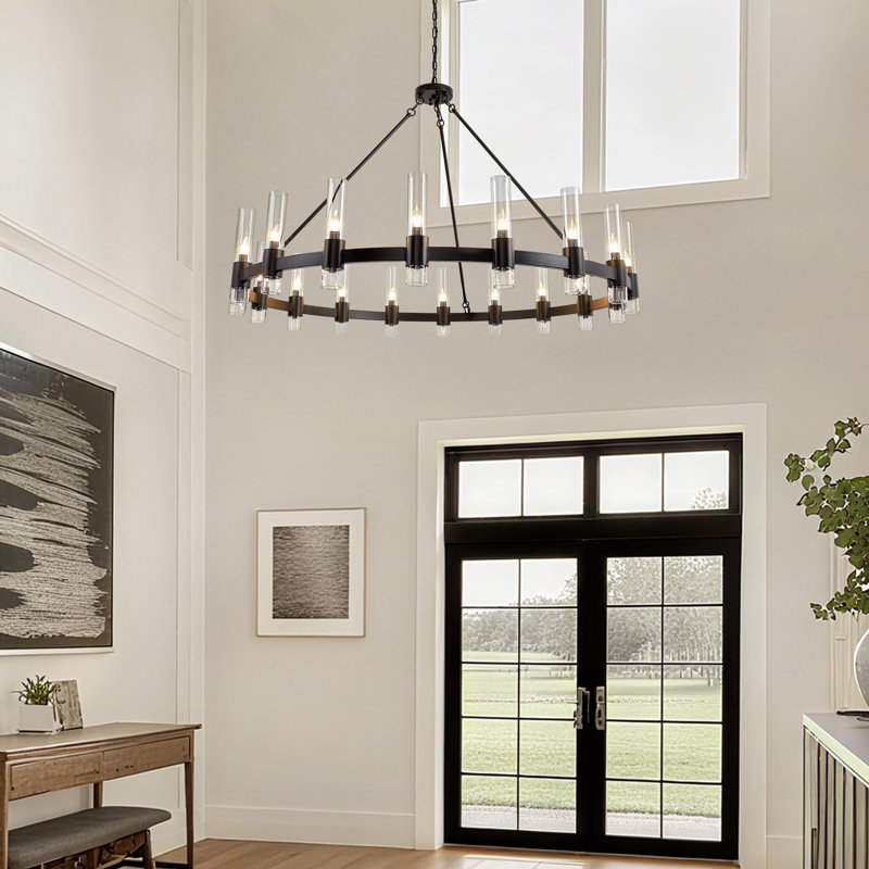 60" 18-Light Black Wagon Wheel Chandelier with Glass Shade for Dining Room Living Room Foyer
