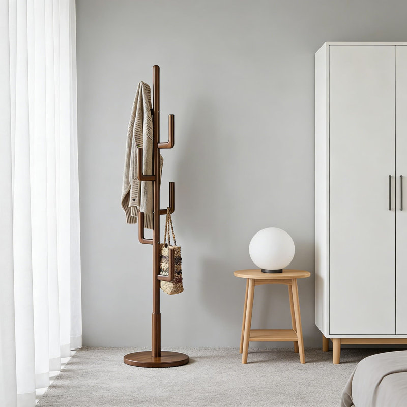 Portemanteau autoportant en bois massif avec 6 crochets en forme de L, portemanteau à hauteur réglable de style Cactus moderne pour l'entrée, la chambre à coucher et le salon