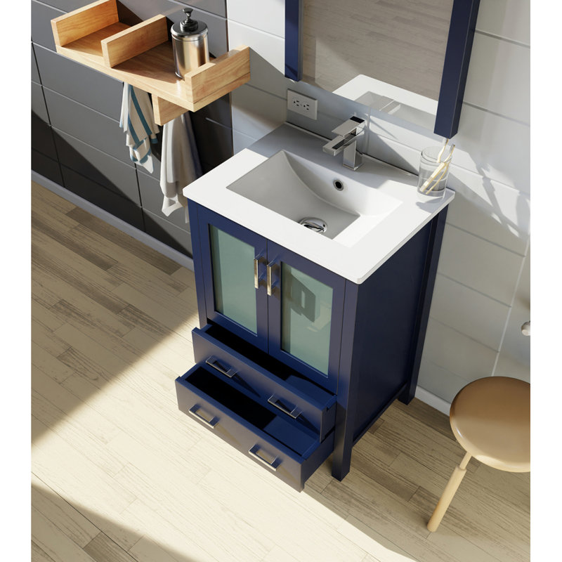 Meuble-lavabo bleu marine 24 po X P 18,25 po D, avec plateau en céramique blanche, 24", Navy Blue