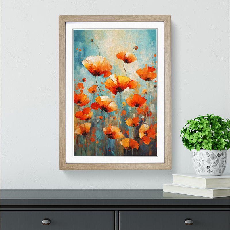 Poppy Field Abstract No.3 - Single Picture Frame Print on Wood, Oak Framed, 34cm H x 25cm W x 2cm D