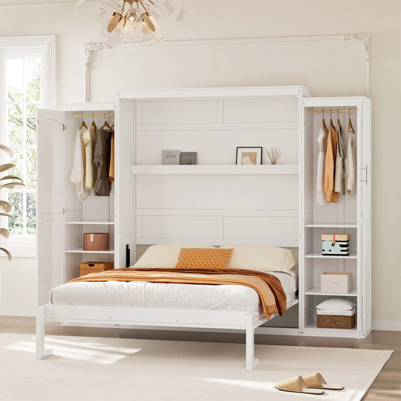Lit escamotable double avec garde-robe et 2 tablettes, plateforme pliable multifonctionnelle pour chambre d'amis, chambre à coucher