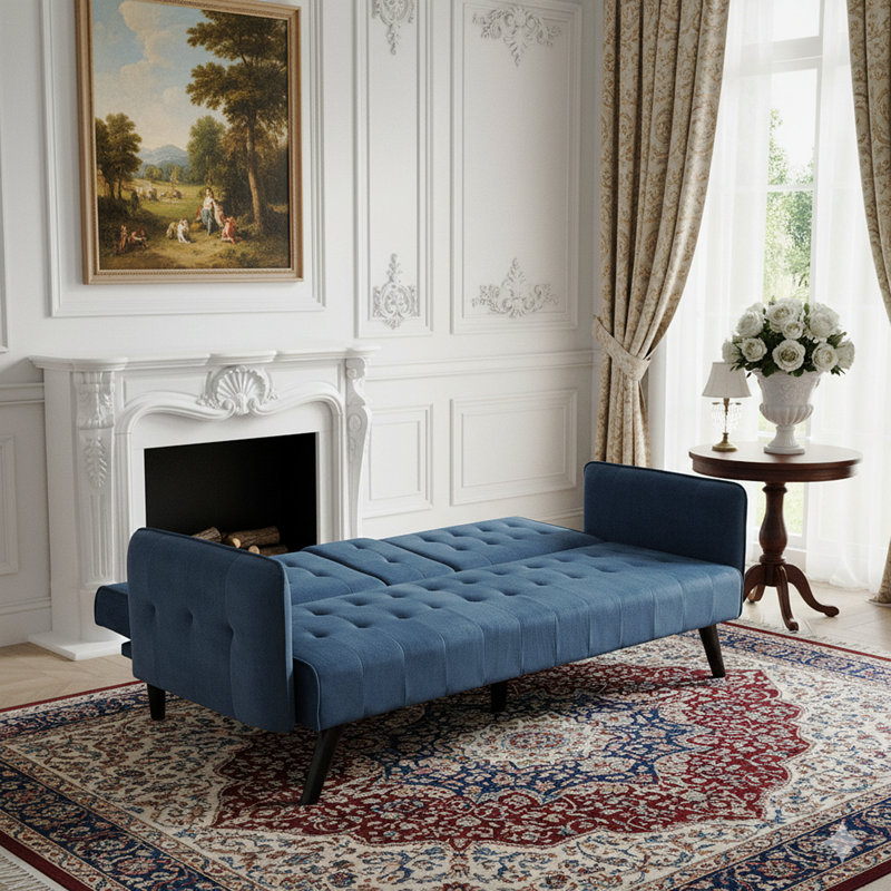 Canapé-lit convertible en velours de 72 po avec porte-gobelets, canapé-lit pliant capitonné de type futon 3 places pour petits espaces, L 72 po x P 34,6 po x H 31 po, bleu