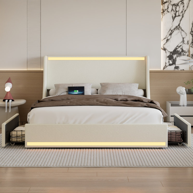 Lit plateforme avec rangement pleine grandeur avec station de charge et lumières à DEL RVB Smart Control, cadre de lit tapissier blanc avec tiroirs de rangement, ports de chargement USB et Type-C, tête de lit rembourrée en lin doux, 2 tiroirs de rangement sous le lit, aucun sommier nécessaire