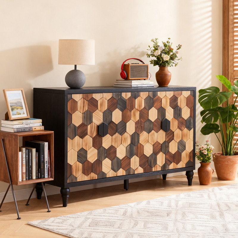 Honeycomb Pattern Storage Cabinet With Distressed Finish, Modern Accent Sideboard Buffet With Solid Wood Doors