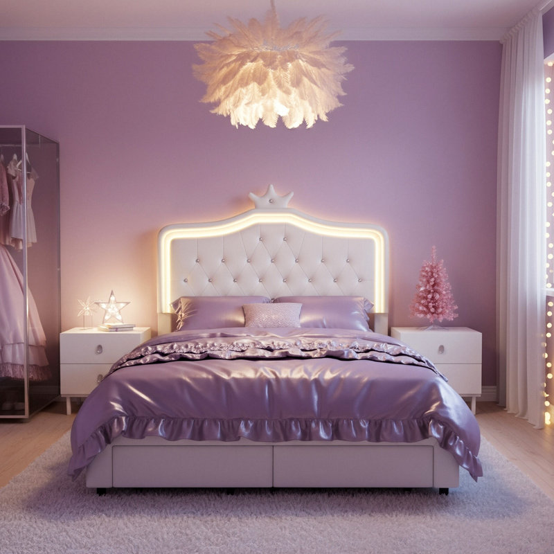 Princess Bed With LED Crown Headboard & Drawer(S), Faux Leather Storage Frame, White & Pink, White