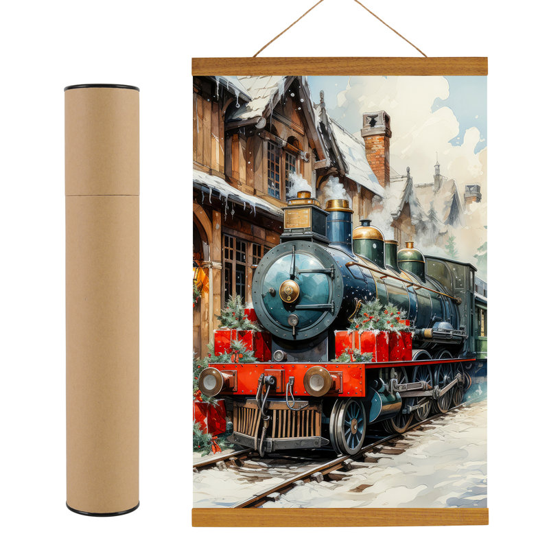 Train avec cadeau de Noël sur toile, H 18 po x l 12 po x P 0,7 po