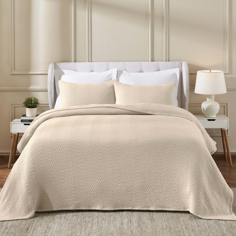 Couvre-lit de qualité supérieure à motif chevron moderne en mélange de coton de qualité supérieure Superior Assouan, Beige