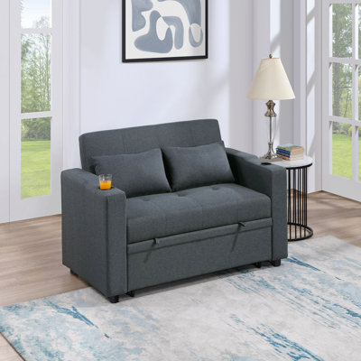 Contemporary Charcoal Sleeper Sofa Pillows Plush Tufted Seat 1pc Convertible Sofa W Cup Holder Polyfiber Couch Living Room Furniture