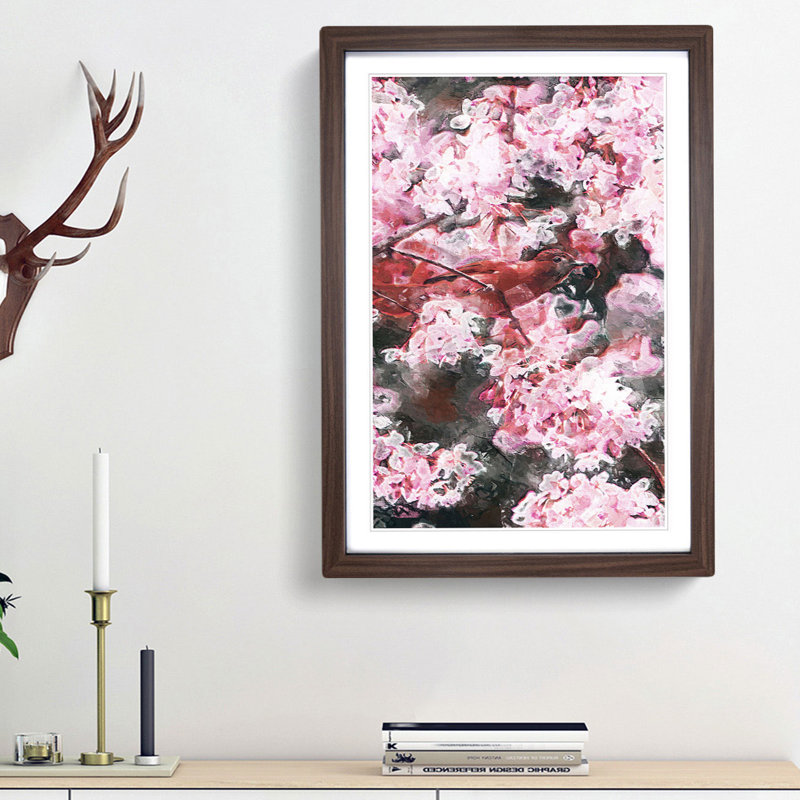 Bird in the Cherry Tree in Abstract - Framed Print, Walnut Framed, 45cm H x 33cm W x 2cm D
