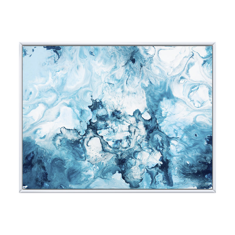 «Blue and White», peinture sur toile, H 34 po x l 44 po, Cadre flottant blanc