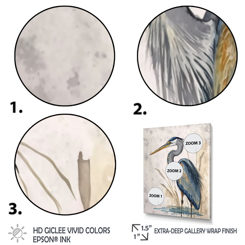 «Passabe Heron By The Waterside Watercolor II», reproduction d'art sur toile, H 20 po x l 12 po, Toile tendue, Sans cadre