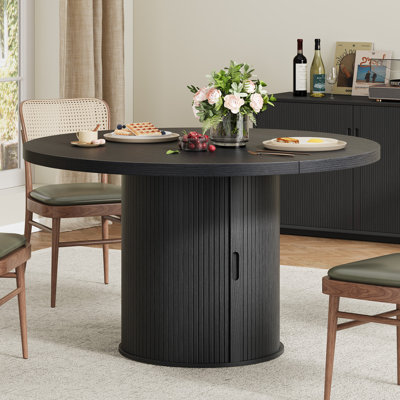 Table de salle à manger ronde de 120 cm (47,2 po), table de cuisine de style champêtre avec tablette de rangement à 2 niveaux, tiroir et porte coulissante pour cuisine ou salon