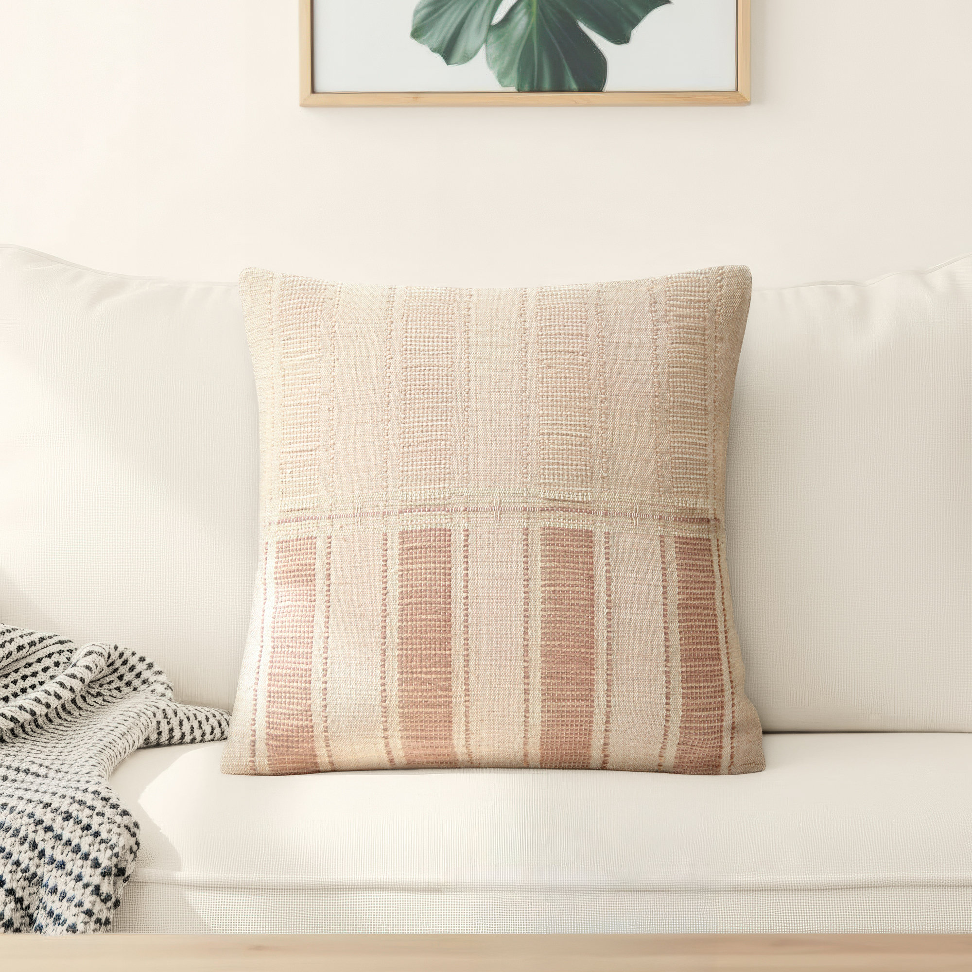 Carmel Striped Cotton Throw Pillow, Natural/Rust, Polyester/Polyfill