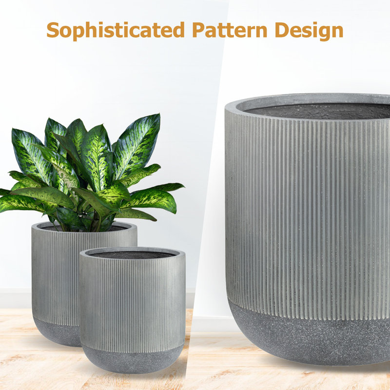 Kute Nest Indoor/Outdoor Small Ribbed Radius Fiberstone Planter, Charcoal, 18.7" H x 16.9" W x 16.9" D