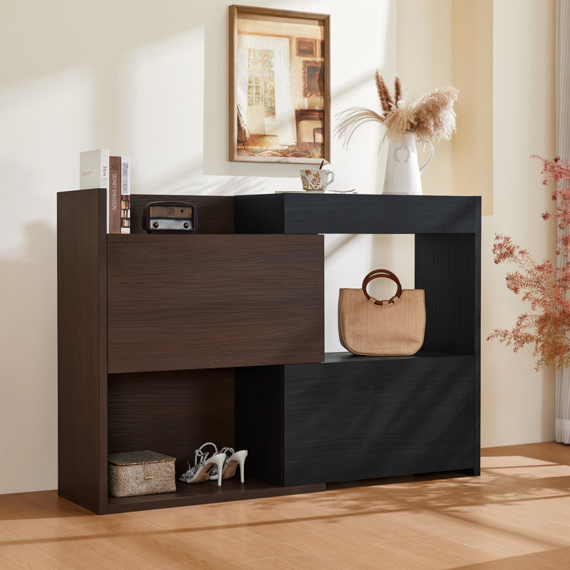 Armoire à chaussures réglable 32,5 po à 58,8 po avec 1 tiroir, coin à 90 degrés pour le salon, le couloir, l'entrée, la rotation du tiroir extensible noir et noyer, la pièce, le couloir, le vestibule foncé