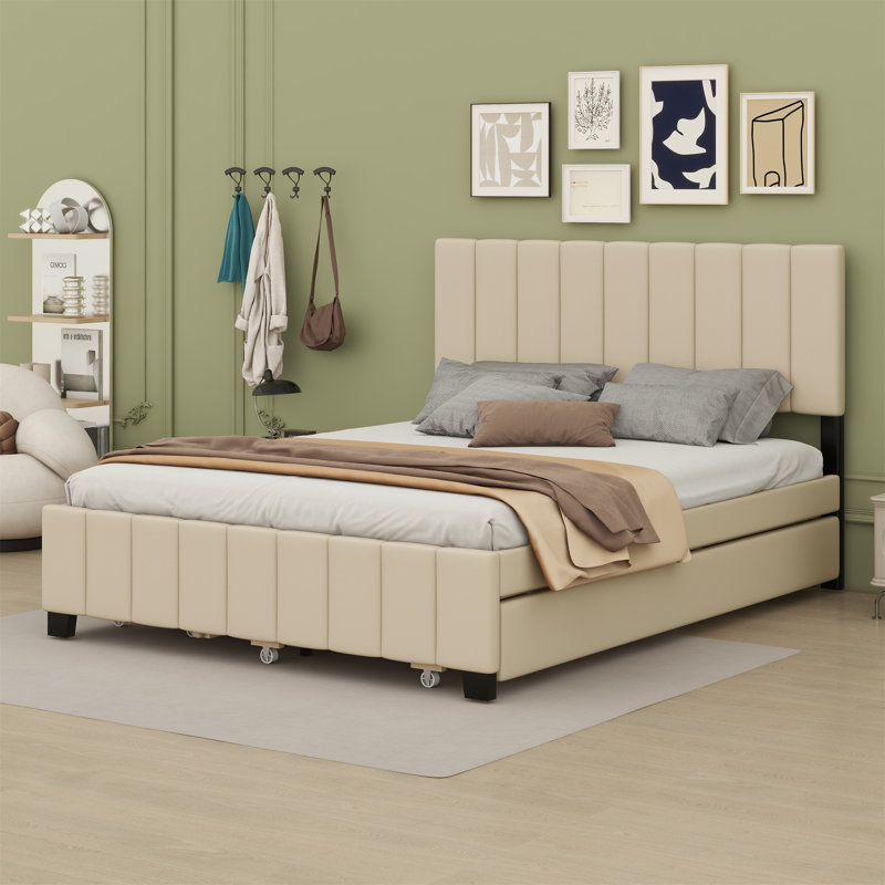 Lit à panneaux tapissier Seekha, Beige
