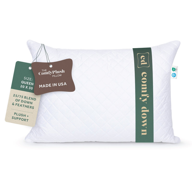 Comfydown Premium Feather And Down Comfyplush Supportive Bed Pillow For Sleeping, Luxury Diamond Quilted Cotton Cover, Queen
