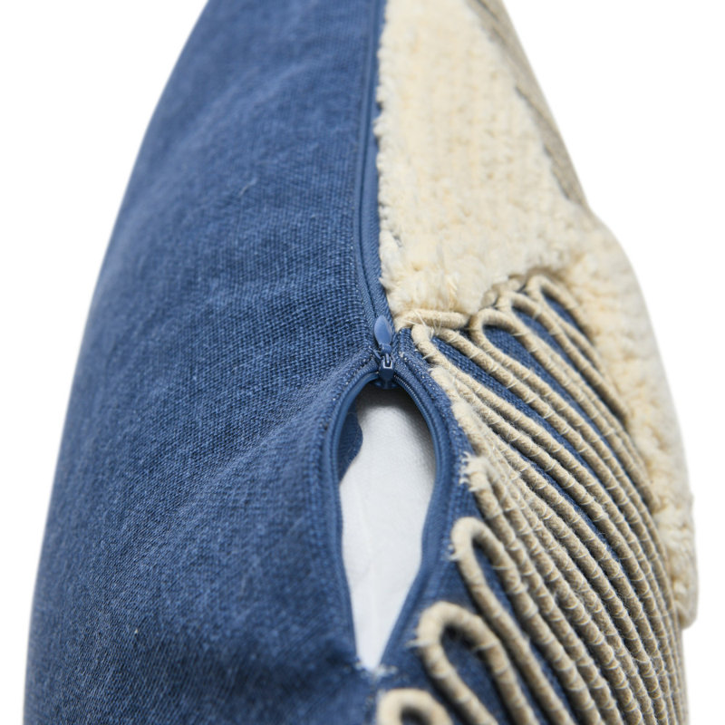 Blue and Beige Cotton Tufted Lumbar Pillow with Embroidered Rope Stripes