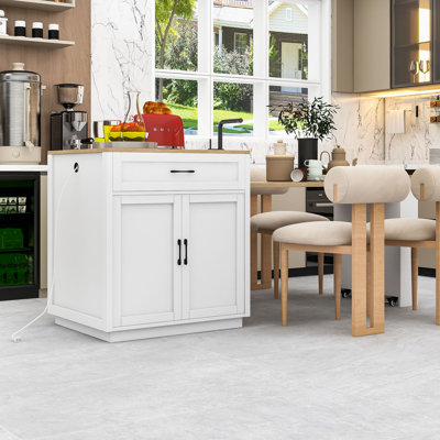 Élégant îlot de cuisine multifonctionnel avec table de salle à manger extensible, rangement double et prises de courant