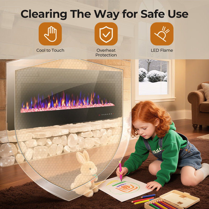 60 Inch Electric Fireplace Wall Mounted, Recessed/ Semi-Recessed Electric Fireplace Heater With Realistic 3-Sided Led Flame, 12 Flame Colors & 12 Ember Bed Colors, 750W/1500W, Remote Control, For Living Room, Bedroom