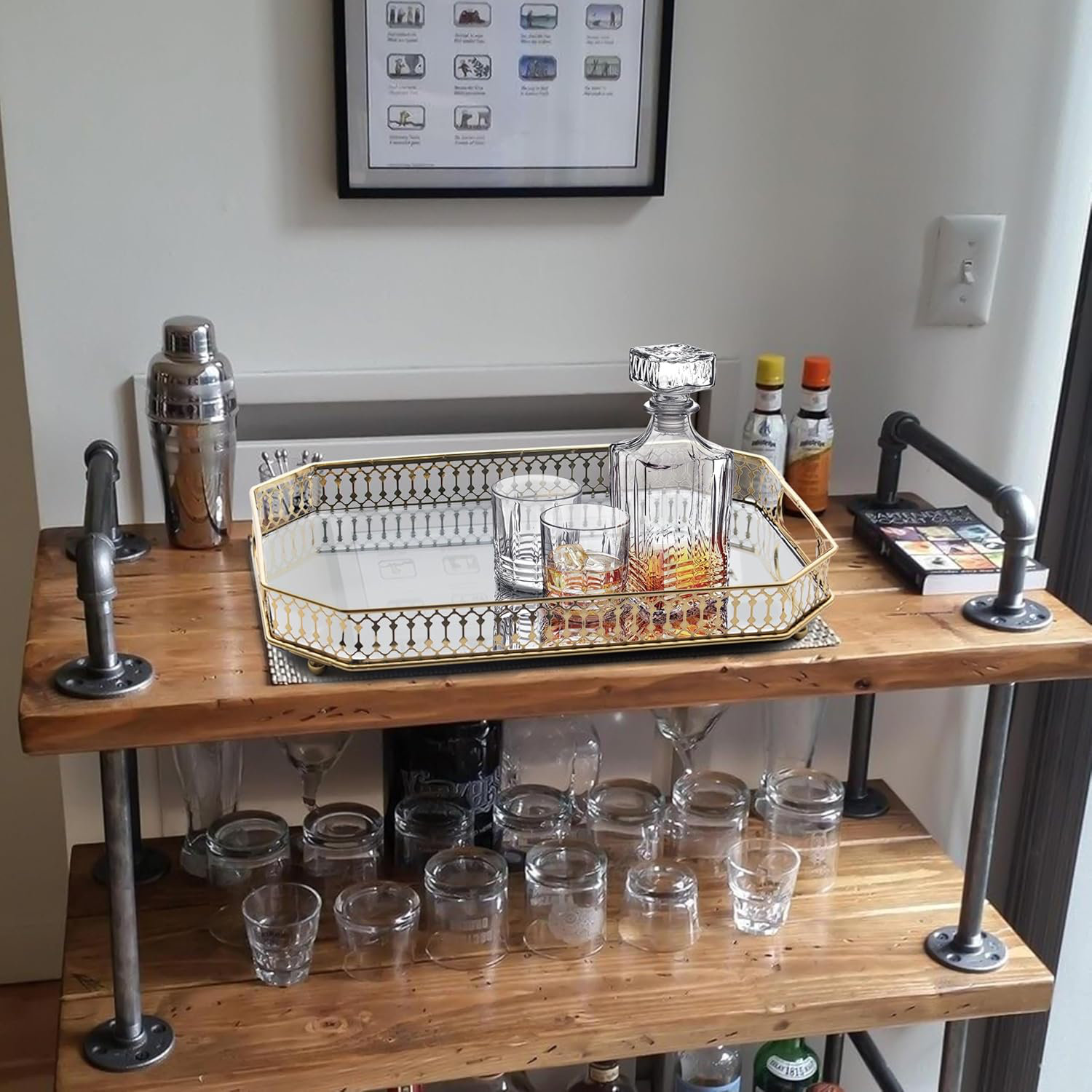 Everly Quinn Bar Cart Tray, Decorative Mirrored Tray with Handles ...