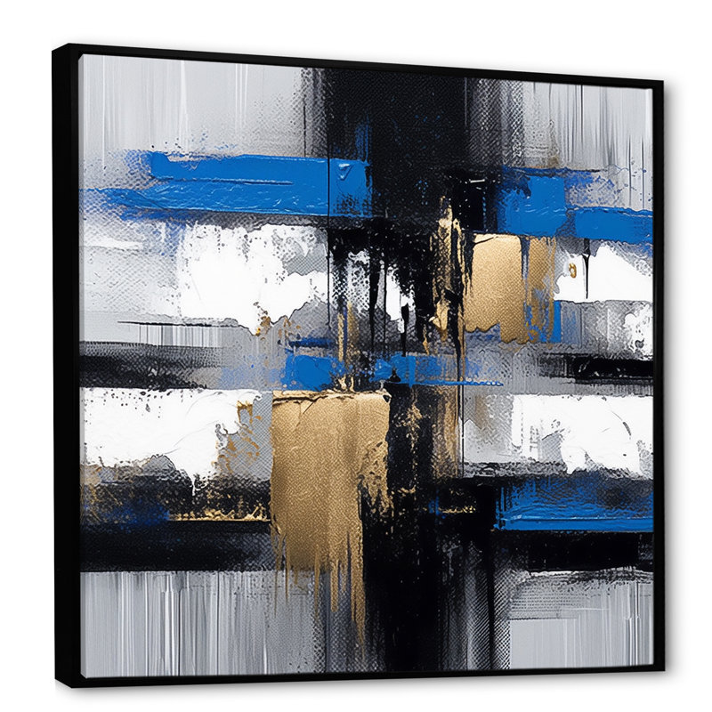 «Blue Paint Elegance I», art mural abstrait, Cadre flottant noir, H 16 po x l 16 po x P 1 po