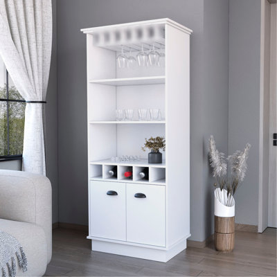 Meuble-bar élégant en verre blanc pour la zone - 3 tablettes, 5 bouteilles, espace de rangement organisé