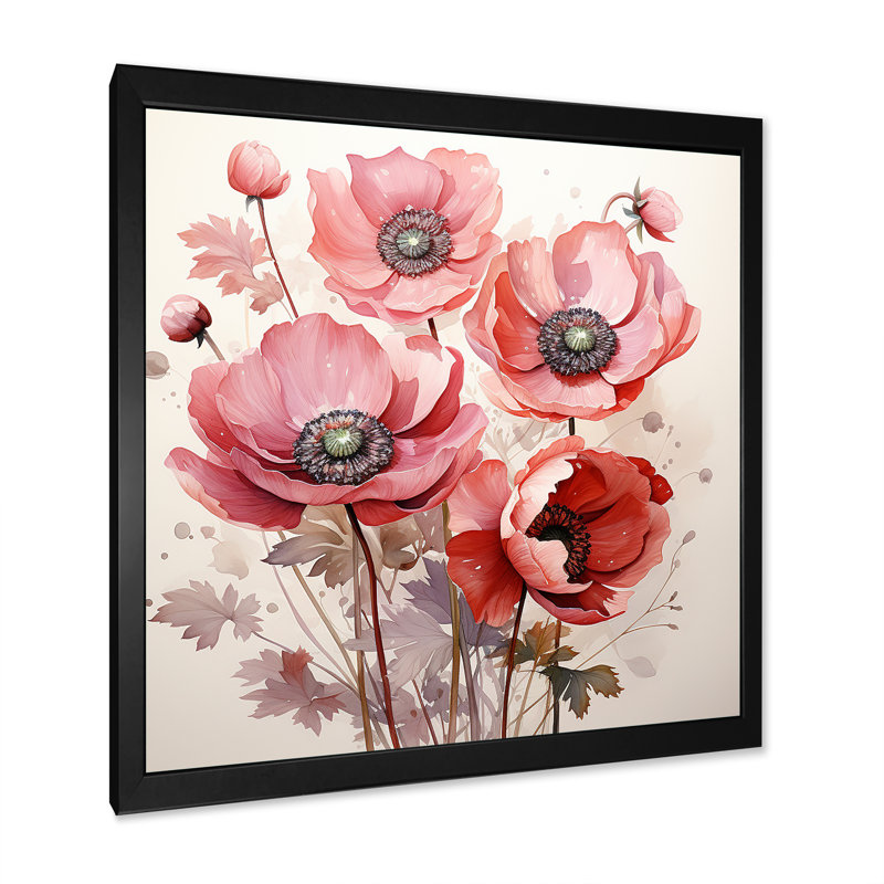 Corail coquelicot - art mural coquelicots, Cadre photo noir, H 36 po x l 36 po x P 1,5 po