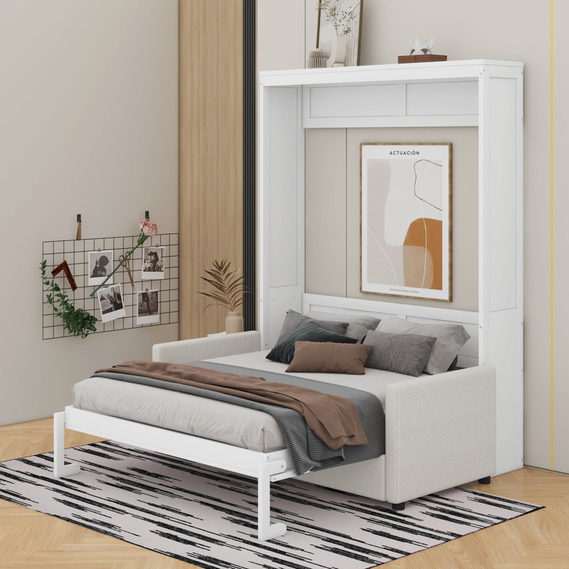 Lit escamotable double pleine grandeur avec coussin, Lit double, Blanc