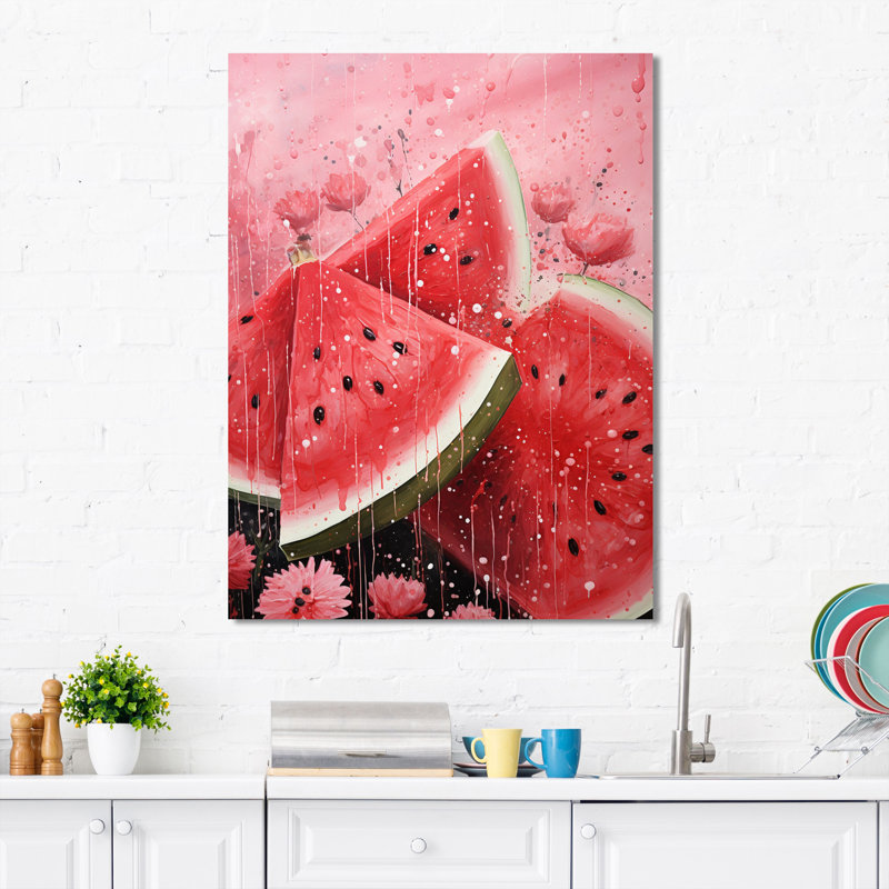 Fruit pastèque rose pointillisme - impression sur toile tendue, H 20 po x l 12 po x P 1 po