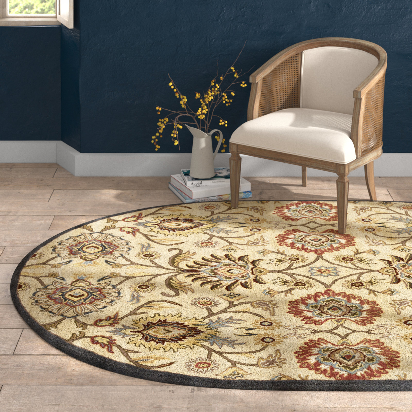 Arden Ivory Denim Red Hand-Tufted Wool Floral Rug, Oval 6' x 9'