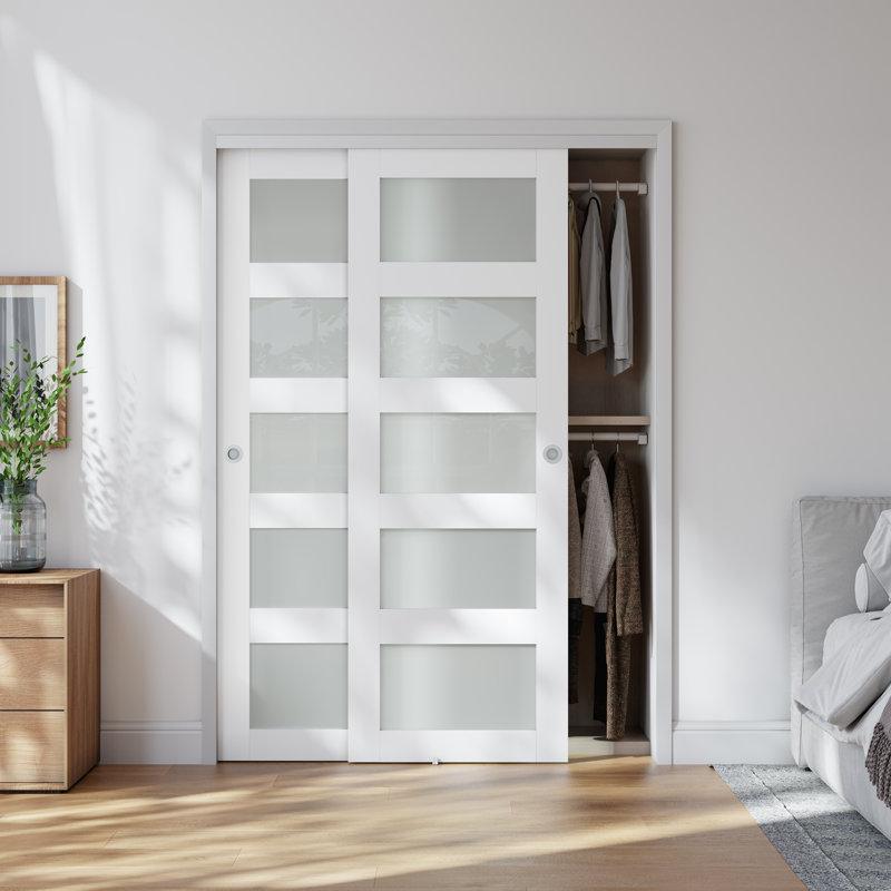 5-Lite Tempered and Frosted Glass Sliding Closet Door with Hardware Kit, 48" x 80"