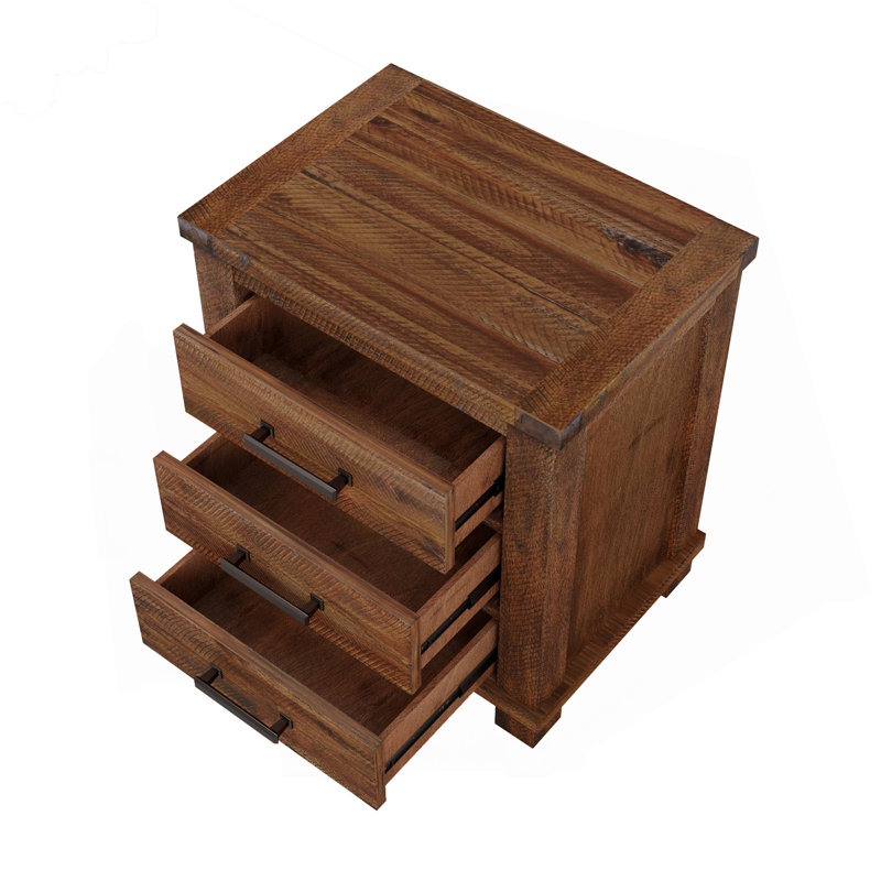 Ensemble de table de chevet rustique en bois massif récupéré à trois tiroirs Rustic