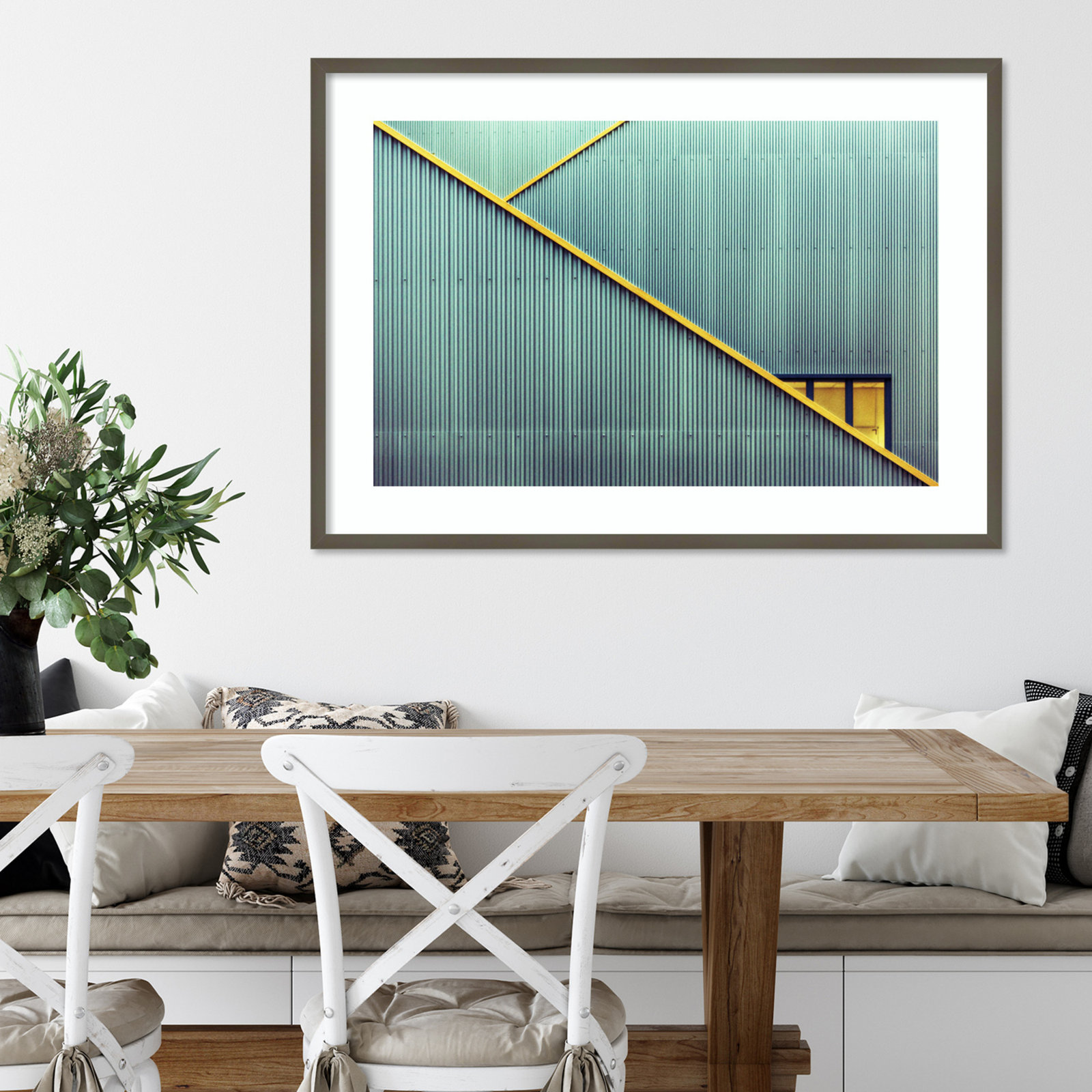 Stairs and Yellow Door Print by Jan Niezen, Gray Framed Paper, 29.25" H x 41.38" W x 0.88" D
