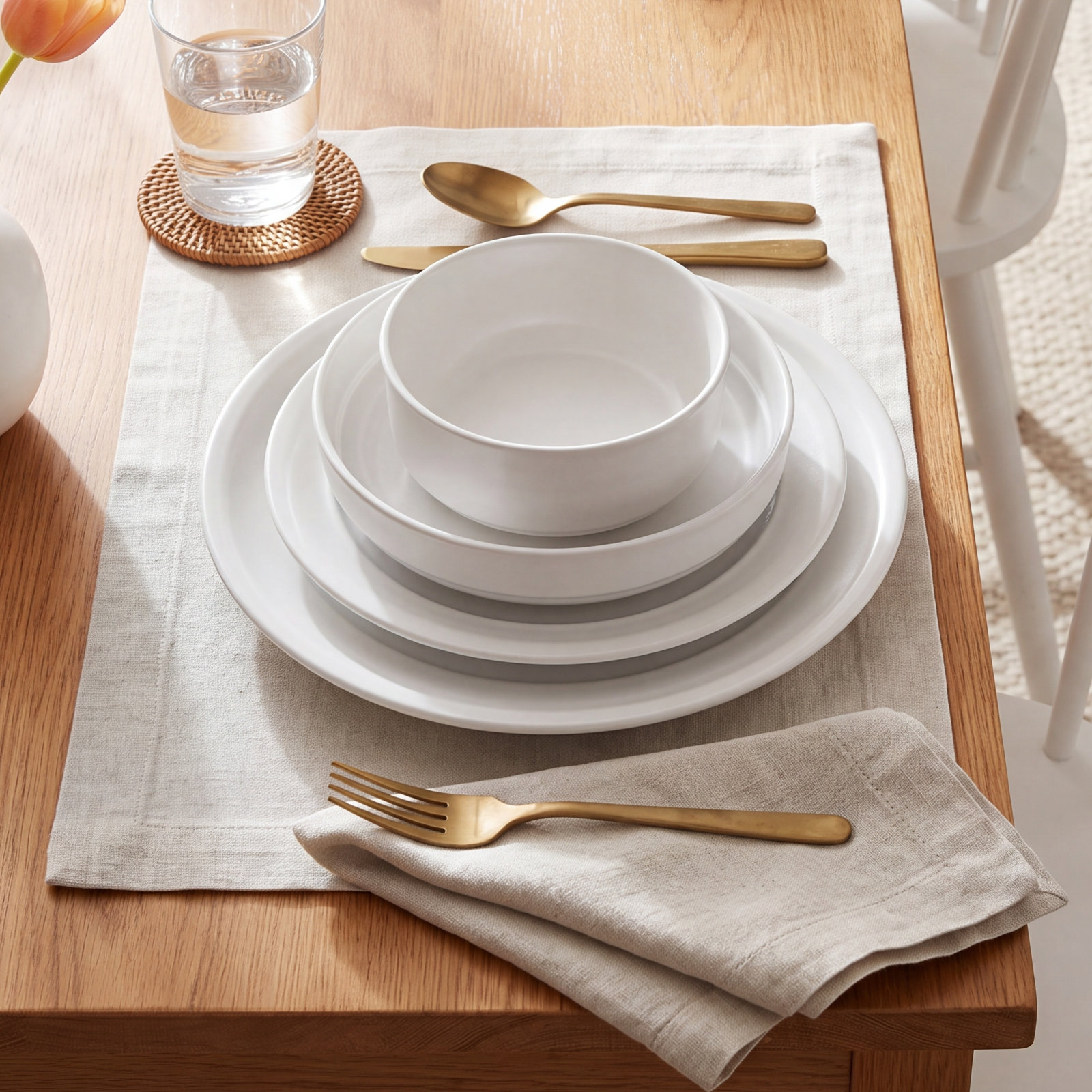 Rimmed Stoneware Dinnerware Set - Service for 4, White